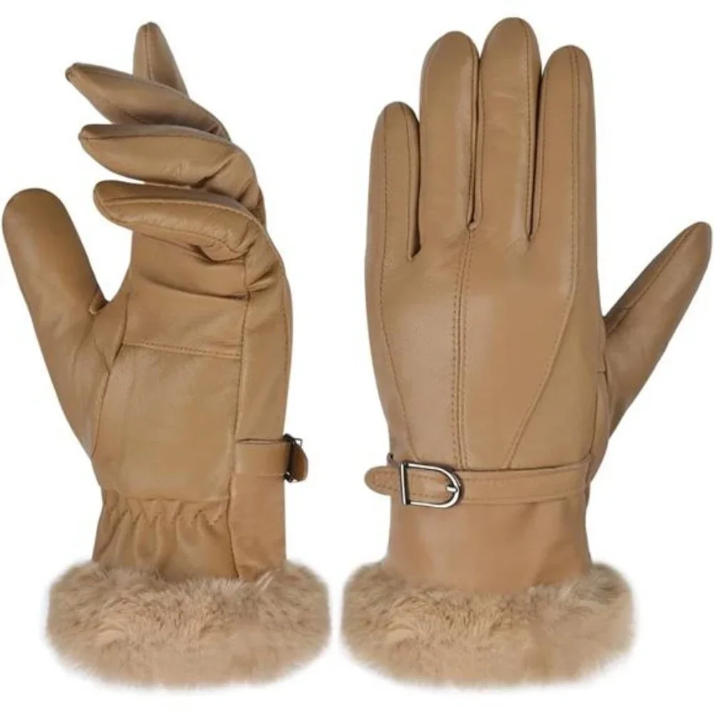Women's Leather Gloves Winter Thermal Dress Gloves Fur Lined